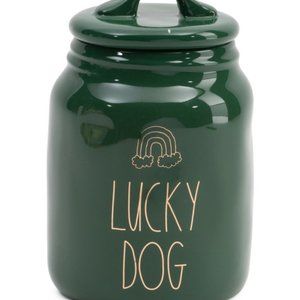 Rae Dunn Lucky Dog Canister, 7" High x 4" diameter, Green with Gold Metallic